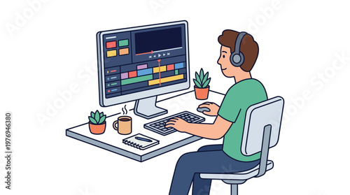 Young man wearing headphones edits video on computer with colorful timeline