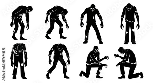 Foto Zombies are depicted in various threatening standing and kneeling silhouettes on a white background
