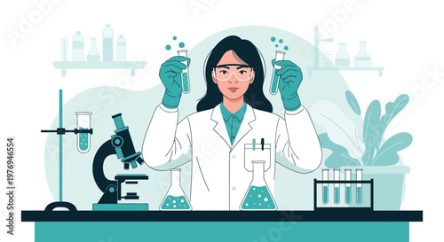 Female scientist in lab coat examining samples in a laboratory setting with various equipment.