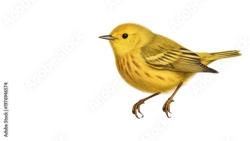 Yellow warbler bird perched with detailed plumage and slender legs