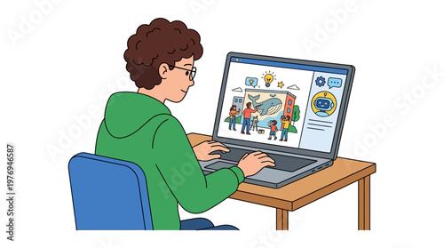 A young man works on a laptop with an educational presentation on the screen.