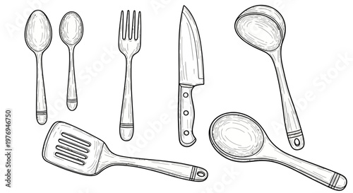 Photos Kitchenware assortment including spoons and a spatula is presented as a clean line art sketch