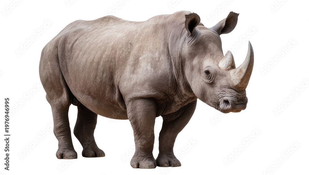 Fototapeta premium Gray African Rhino Standing with Horns and Wrinkled Skin