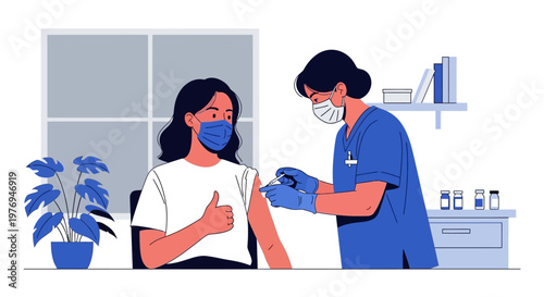Illustration of a healthcare worker administering a vaccine to a patient in a medical office with a calm and professional mood.