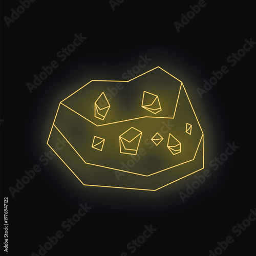 Gold nuggets embedded in polygonal rock glowing on black background, representing wealth, mining, and geology