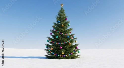 A decorated evergreen tree stands alone in a snow-covered landscape
