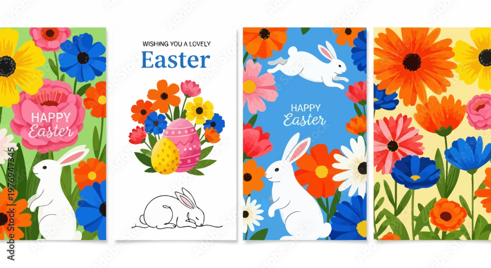 Fototapeta premium Easter greeting cards feature colorful flowers and white rabbits in a decorative spring collection.
