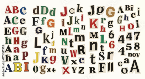 Photos Vintage ransom note alphabet and numbers set, colorful cutout letters in newspaper and magazine style