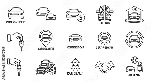 Canvastavla Automotive dealership line icons set, 15 car sales and rental vector symbols, ce