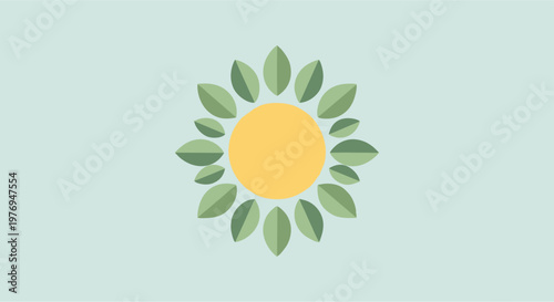 A minimalist sunburst illustration composed of a yellow circle surrounded by green leaves, symbolizing nature's growth and vitality