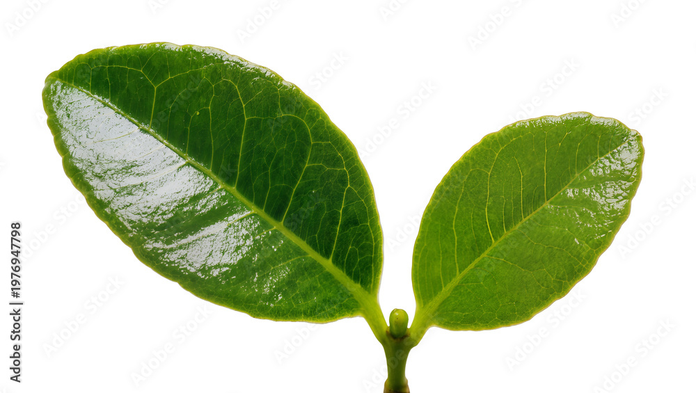 Fototapeta premium Vibrant green glossy leaves with central stem and visible veins