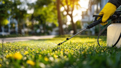 Gardener applies liquid treatment on grass in city park during late afternoon hours
