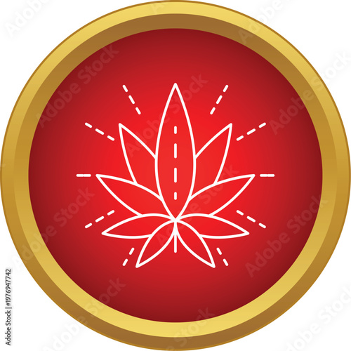 Cannabis leaf presented as an icon in a red circle with gold frame