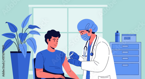 Healthcare worker administering a vaccine to a patient in a clinical setting with blue tones.