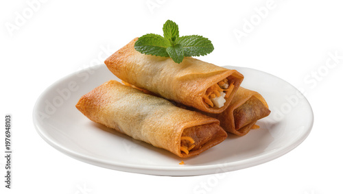 Tableau sur toile Golden spring rolls on white plate garnished with fresh mint leaves
