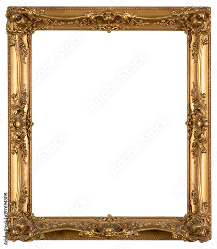 Gilded patterned frame of a painting in the Baroque style on a transparent background, in PNG format.