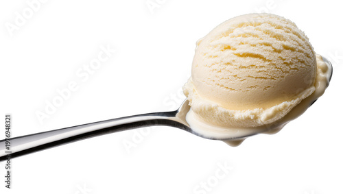Creamy Vanilla Ice Cream Scoop on Shiny Metal Spoon