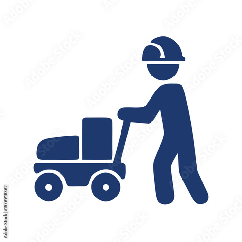A stylized blue icon of a construction worker moving a cart, representing labor or transportation.