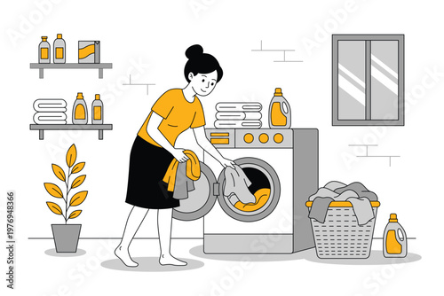 Woman Loading Clothes into Washing Machine