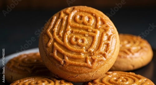 Close-up of a stack of round pastries with intricate, golden designs