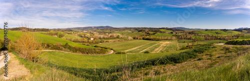 Italy, Tuscany, Pisa, Ghizzano: hiking and panoramic views of the Tuscan countryside, with Volterra in the background