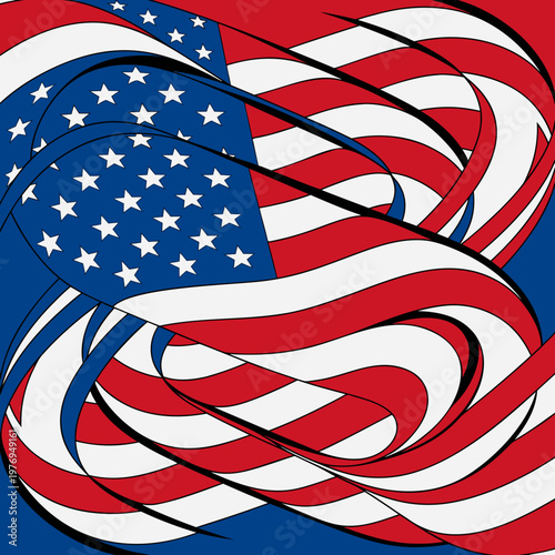 Abstract USA Flag Swirl Background with Stars and Stripes. Dynamic vector illustration featuring stylized flowing ribbons of the United States flag. Artistic composition of stars and stripes