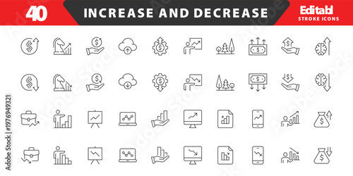 Increase and Decrease line Editable Icons set. Graph, Diagram, business growth, finance, economy, statistics, summary, profit, fall, arrow up, down,
and more. Simple vector icons. Editable Stroke.
