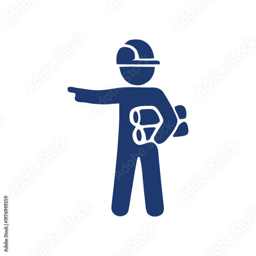A dark blue icon of a construction worker with a helmet and tool bag pointing.