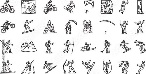 A collection of hand drawn doodle sketches depicting various extreme outdoor sports activities. isolated on white background