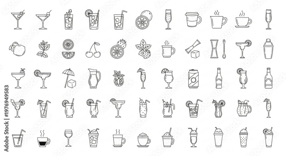 Fototapeta premium The illustration showcases various cocktail glasses and drinks on a table.