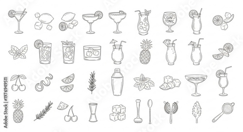 A vibrant collection of cocktail illustrations with various glasses, fruits, and garnishes.