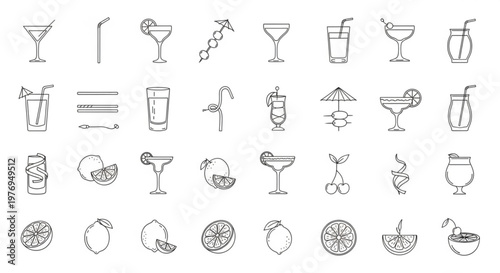Cocktail icons showcase various drinks and glasses on white background