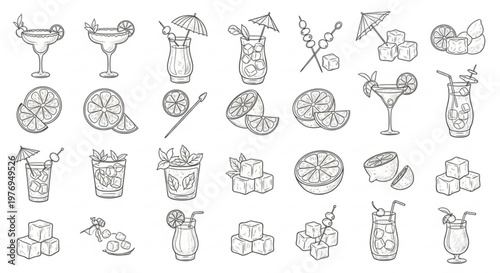 A collection of various cocktails and drinks with fruits are displayed.