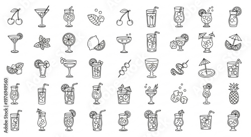 Cocktail icons showcase various drinks and glasses on a table indoors.