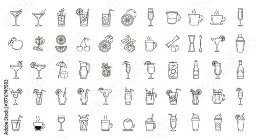 The illustration showcases various cocktail glasses and drinks on a table.