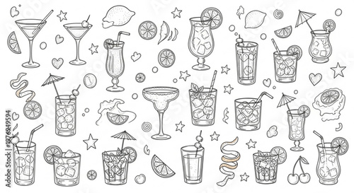 A vibrant collection of various cocktails and drinks with garnishes and ice cubes arranged artistically.