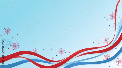 USA 4th of July Patriotic Background with Ribbon Waves Fireworks and Copy Space