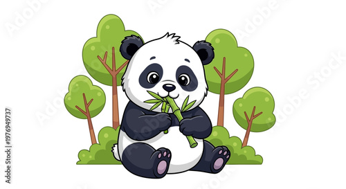 A cute cartoon panda eating green leaves under a tree with cartoon bear, monkey, squirrel and rabbit isolated on white background.