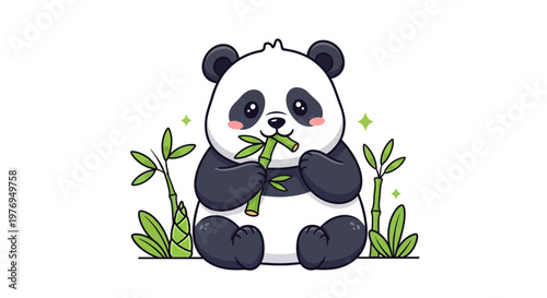 Cute cartoon panda eating green leaves under a tree, isolated on a white background with a playful mood.