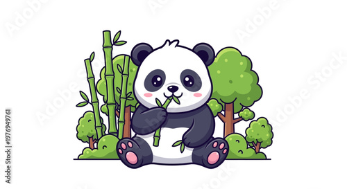 Cute cartoon panda eats bamboo shoots under a green tree with bear, monkey, squirrel and rabbit nearby, isolated on white background.