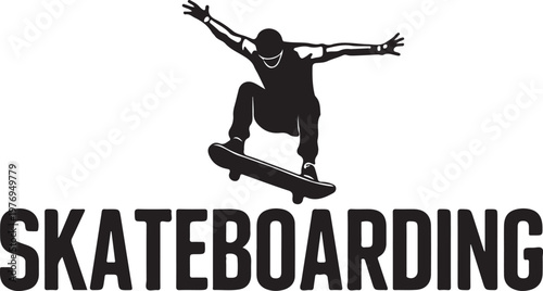 A black and white graphic illustration of a person performing a skateboarding jump trick move. isolated on white background