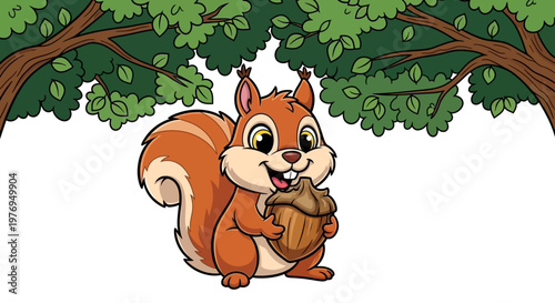 A cute cartoon squirrel holds an acorn under a green tree on a white background with a playful mood and colorful details.