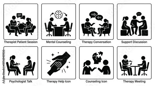 Therapy & Counseling Icons – Discussion, Listening, Support, Mental Health & Psychologist Symbols
