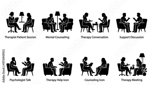 Therapy & Counseling Icons – Discussion, Listening, Support, Mental Health & Psychologist Symbols