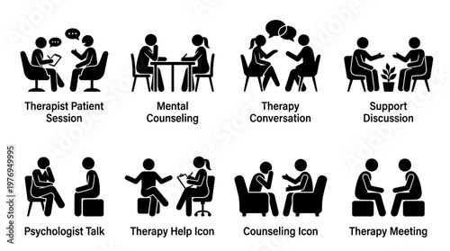 Therapy & Counseling Icons – Discussion, Listening, Support, Mental Health & Psychologist Symbols