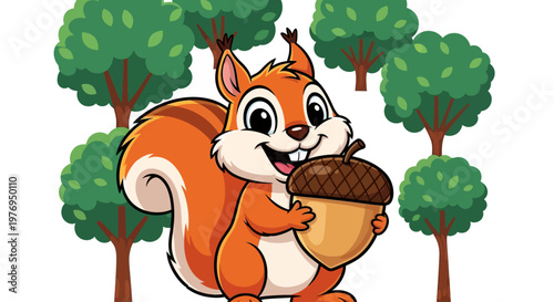 A cute cartoon squirrel holds an acorn under green trees isolated on a white background with a cheerful expression.