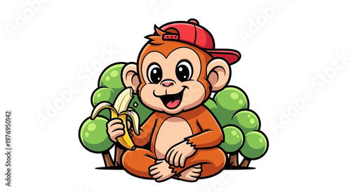 A cute cartoon monkey wearing a red cap sits eating a banana under green trees isolated on a white background.