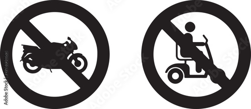 Black and white regulatory signs indicating that motorcycles and scooters are strictly prohibited isolated on white background