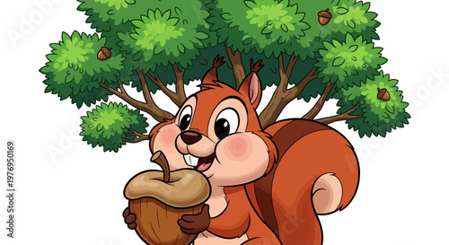 A cute cartoon squirrel eating an acorn under a green tree, isolated on a white background with a playful mood.