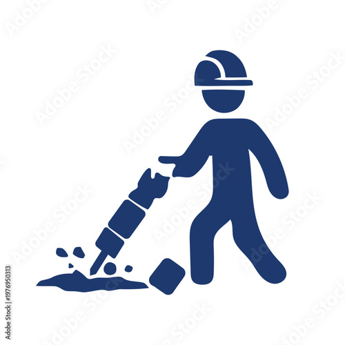 Simple blue icon of a worker using a jackhammer to break up the ground or concrete.